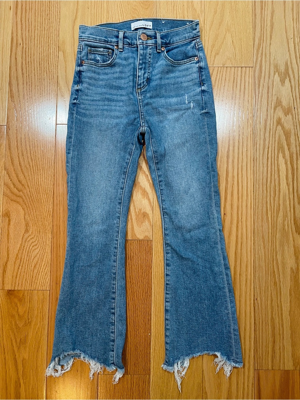 LOFT High-Rise Raw Hem Flare Jeans - Blue